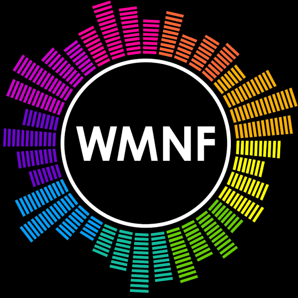 Circular logo with "WMNF," colorful bars, black background, digital illustration.
