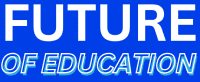 Bold white text "FUTURE OF EDUCATION" on a vibrant blue background.