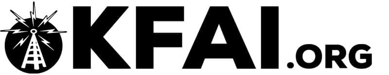 Black and white logo featuring "KFAI.ORG" with a radio tower graphic.