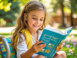 Girl reading a blue book outdoors, wearing a yellow backpack, photograph.